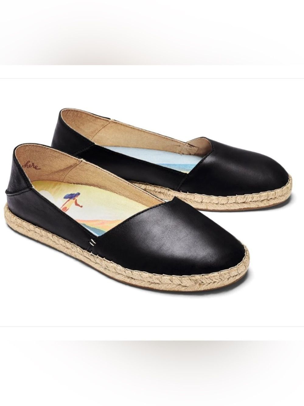 OluKai Kaula Pa'a 'Ili Black Leather Espadrille Flats 6.5 LIKE NEW  Drop-In-Heel